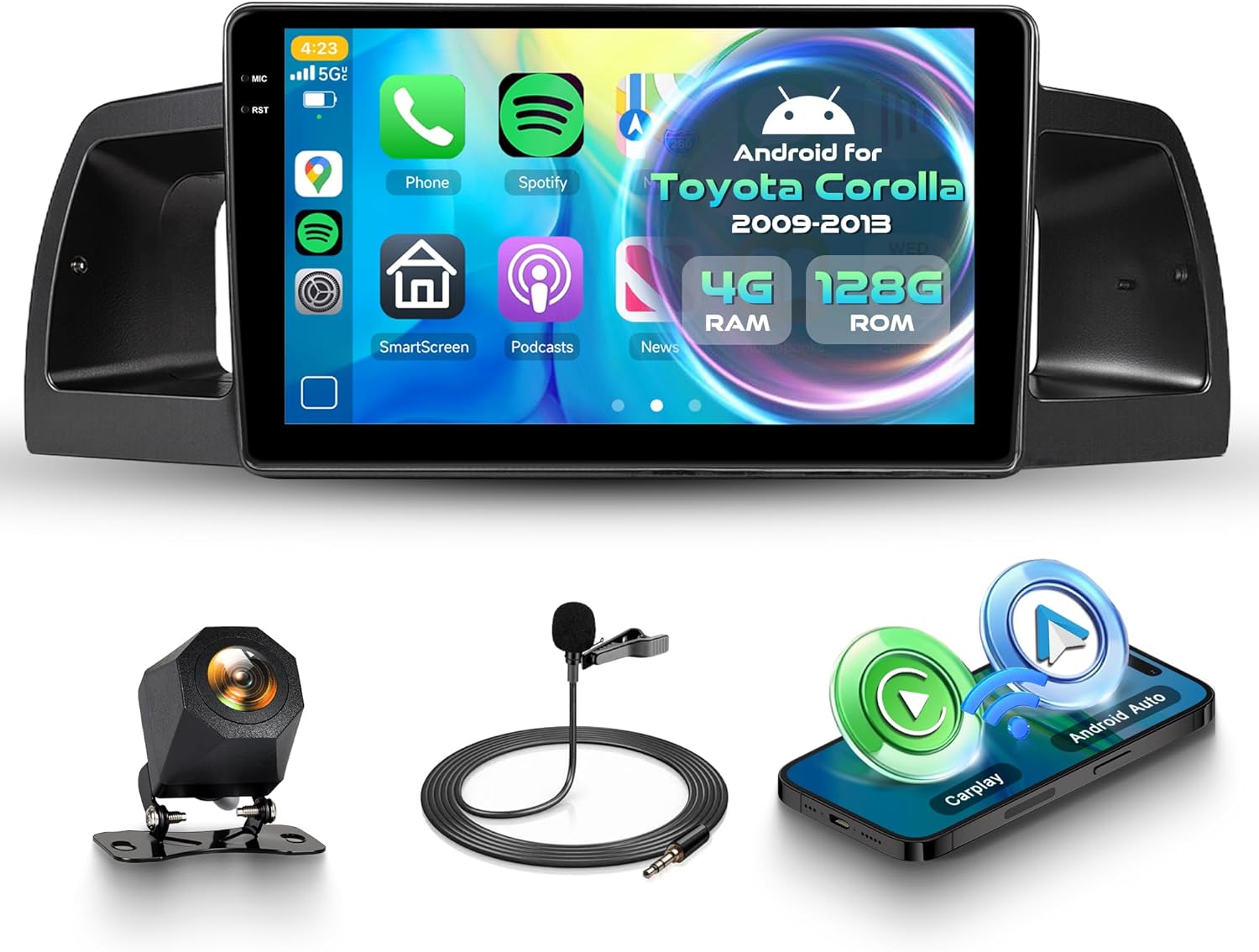 4G+128G Android Car Radio for Toyota Corolla EX 2007-2010 with Wireless CarPlay Android Auto, 9” Touchscreen Car Stereo Mirror Link GPS Navigation WiFi Bluetooth FM RDS EQ SWC Backup Camera