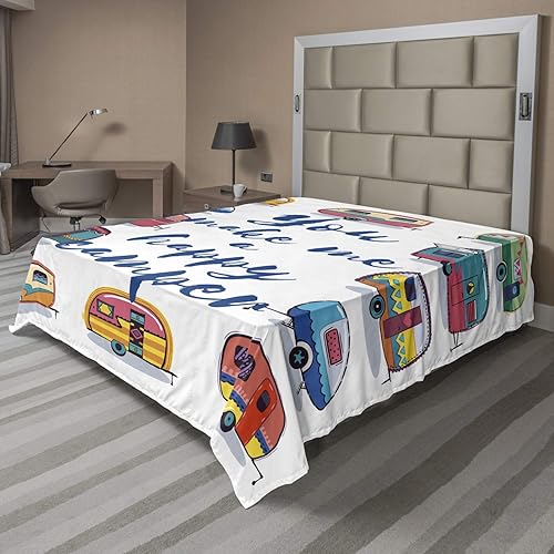 Lunarable Sábana encimera para caravana, con texto en inglés "You Make Me Happy Words Caravans", estampado gráfico de viaje, suave y cómoda, 1 Azul