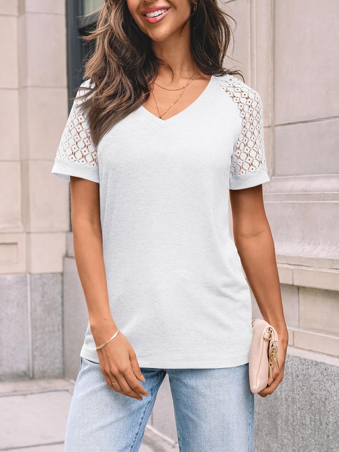 AUTOMET Womens Summer Short Sleeve T Shirt 2026 Spring Vacation V Neck Tops Lace Blouses Dressy Casual Fashion Clothes - Image 2