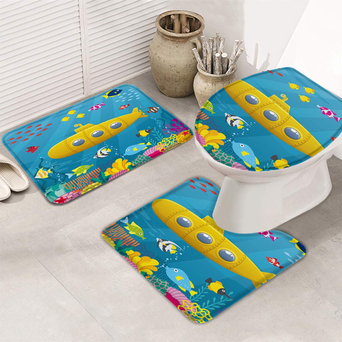 Queenker 3 Pieces Bath Rug Set Toilet Seat Cover Yellow Cartoon Submarine Print Contour Rug, Pedestal Mat and Toilet Lid Cover?Non-Slip Bathroom Floor Mat 20''x31''+16''x18''+16''x20''