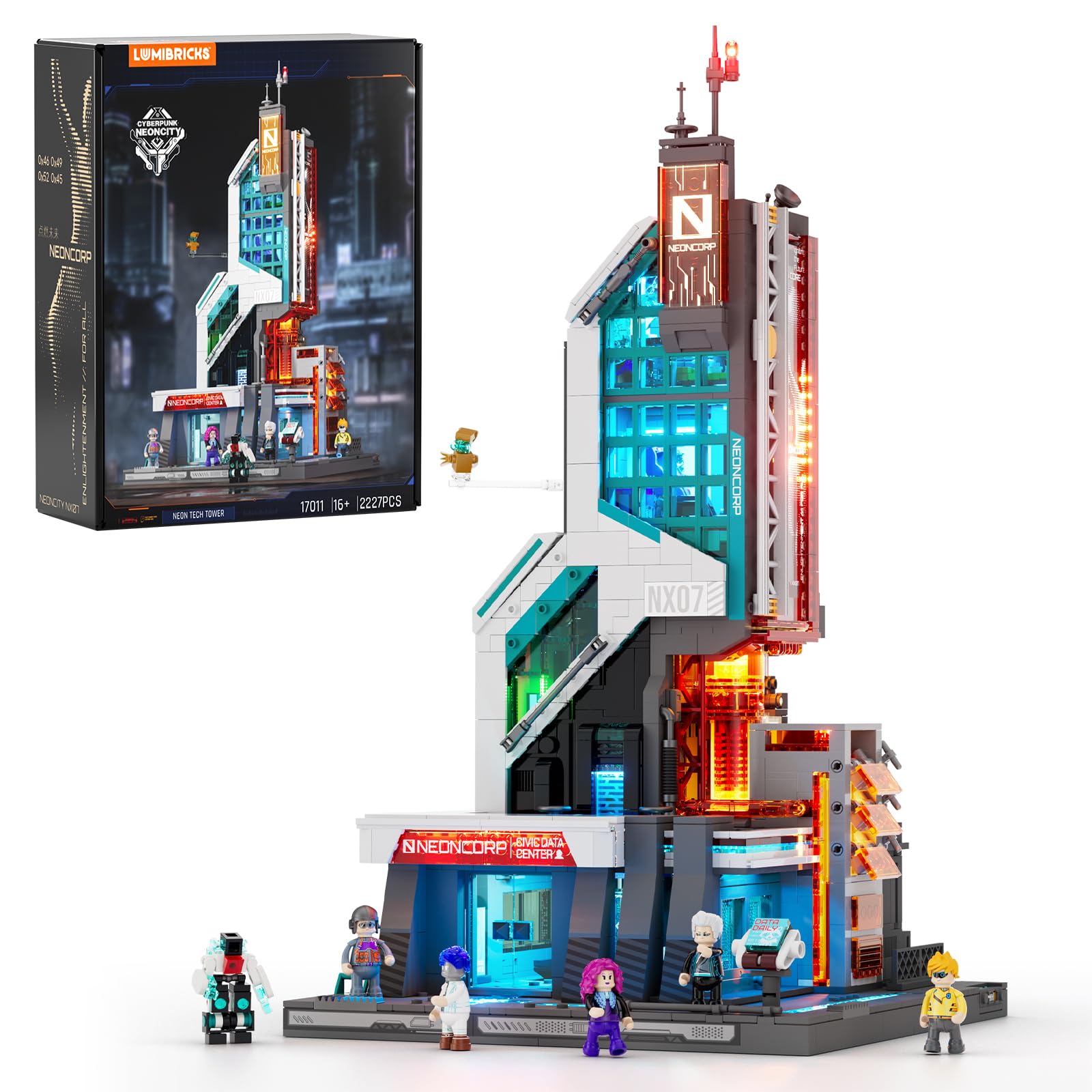 Lumibricks Neon Tech Tower Beleuchtetes Klemmbaustein-Set, 2227 Teile Cyberpunk-Wolkenkratzer mit 27 LED-Lichtern, Modulares Ausstellungsgebäude, Sci-Fi-Bauset für Erwachsene