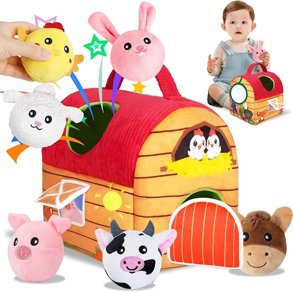 Jouet pour Bébé de 6 à 12 Mois, Jouet Montessori pour Bébé, ouet Sensoriel de Ferme avec Animaux en Peluche Douce et Miroir, Cadeau pour Filles et Garçons de 3 6 9 12 Mois - 1