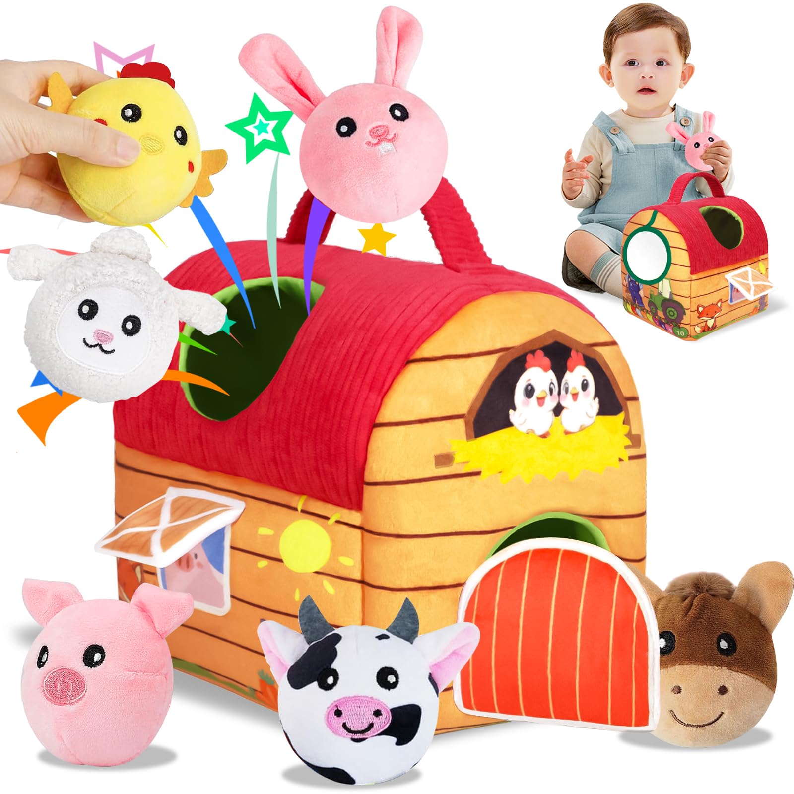 Juguetes Bebes 6-12 Meses, Juguetes Montessori para Bebés, Juguete Sensorial de Granja con Animales de Peluche Suaves y Espejo, Regalo para Niños y Niñas de 3 6 9 12 Meses