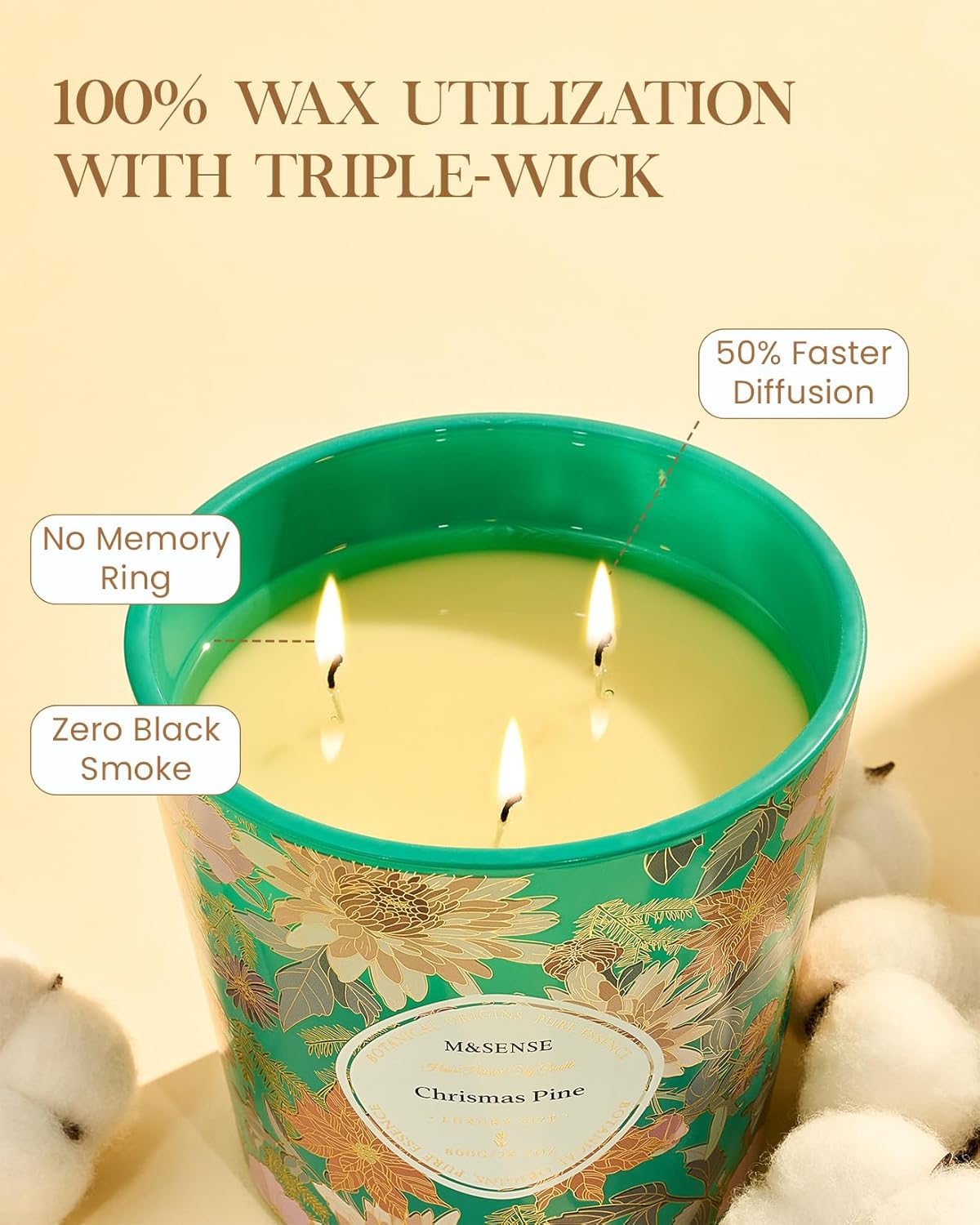 M&SENSE Christmas Pine Scented Candle, 28.2oz 3 Wick Natural Soy Wax Large Candles, Long Lasting Clean Slow Burning No Toxic Décor for Women Men, Romantic Dates & Gift-Giving - Image 3
