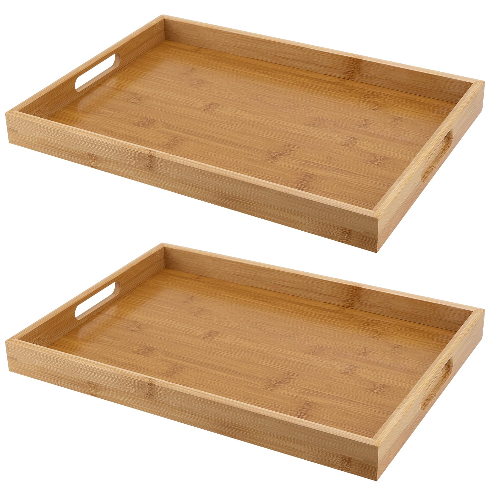 HEIHAK 2 Pack Large Bamboo Serving Tray with Handles, 41 x 29 x 4cm Rectangular Wooden Platters Tray, Wooden Serving Trays for Tea, Coffee, Breakfast, Snack
