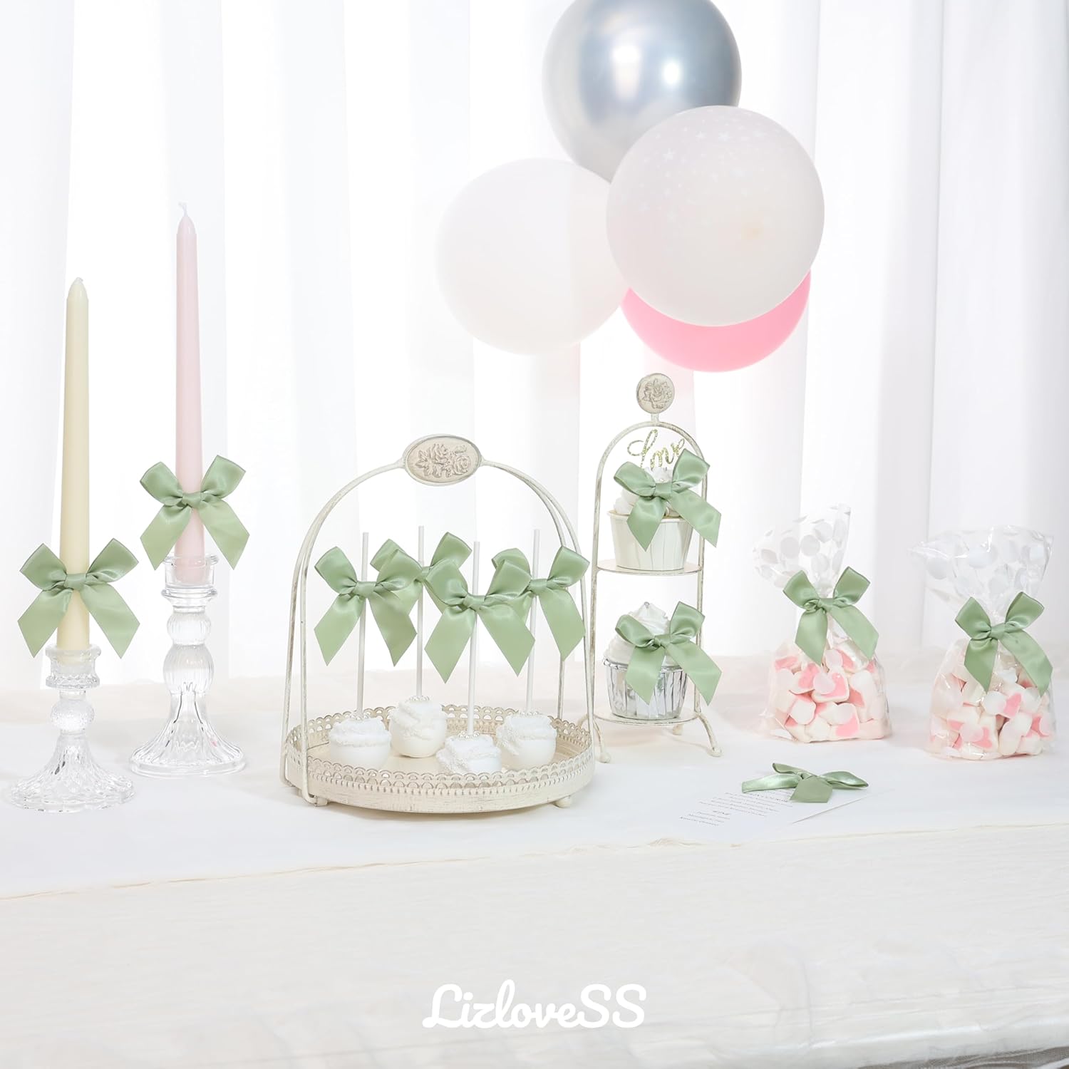 Pre-Tied Self Adhesive Sage Green Satin Ribbon Bows for Crafts 3" Small Green Bow Decor for Coquette Birthday Party Decorations, Wedding, Gift Wrapping, Balloon, Baby Shower (50 Pack) - Image 3