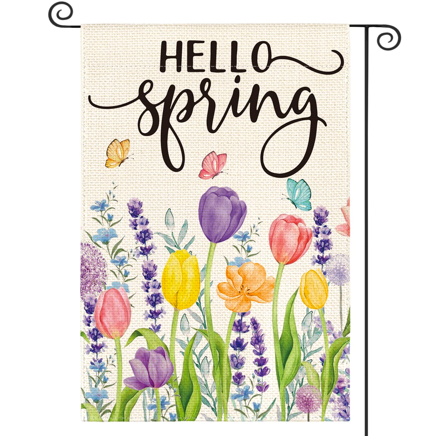AVOIN colorlife Hello Spring Tulip Lavender Garden Flag 12 x 18 Inch Double Sided, Seasonal Flower Yard Outdoor Flag