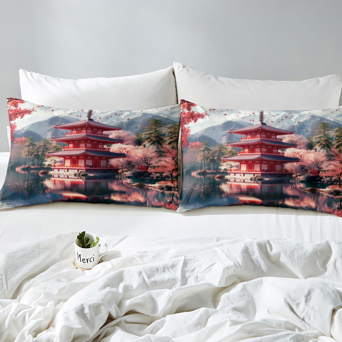 Japanese Duvet Cover Set Toddler Size,Red Tempo Pink Cherry Blossom Floral Bedding Set(No Comforter),Romantic Flowers Natural Lake Mount View Quilt Cover for Kids,2 Pcs