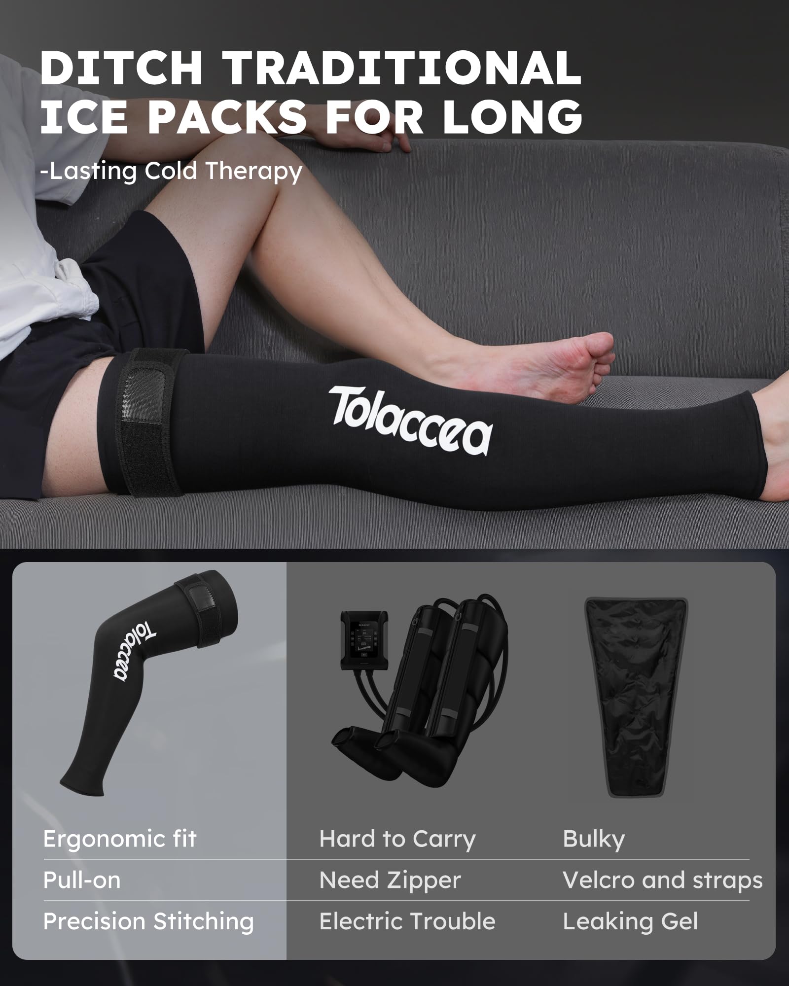 Tolaccea Bolsa de Hielo para Pierna Completa con Cobertura 360° – Compresa de Gel Reutilizable para Alivio del Dolor y Recuperación Muscular – Para Pie, Pantorrilla, Muslo, Rodilla y Espinilla(L)
