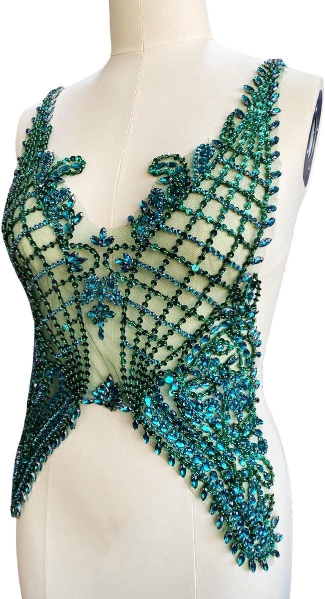 Handmade Rhinestones Beads Lace Bodice Applique Sewing Sequins Crystal Trim Patches Accessory for Dress Clothes 23X16X7inches (Deepgreen)
