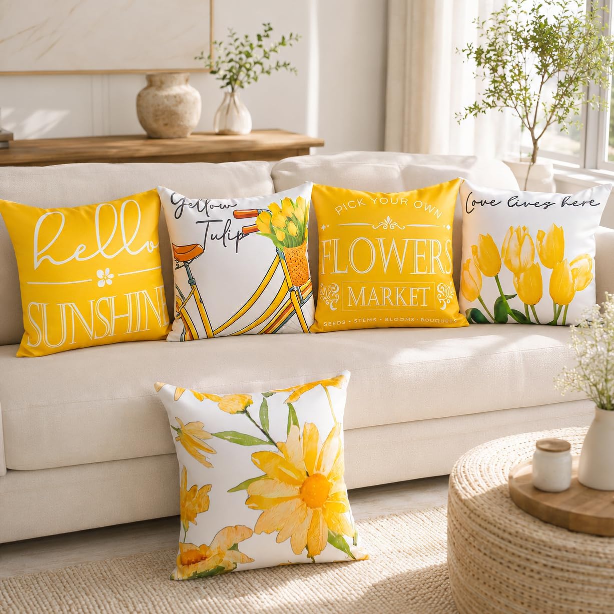 Vendola Decorative Satin Sofa Cushion Covers Set of 5, 16 inch x 16 inch, Sofa Cushion Pillow Cover, Yellow and White, Zipper Closure (Golden Glow, 16X16 Inches)-image-21