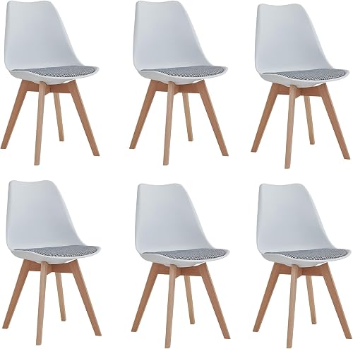 DEYARNA HOME Juego de 6 Sillas de Comedor Modernas, Sillas de Cocina Tapizadas, Silla de Comedor Escandinava con Cojín de Tela de Lino y Patas de Haya Maciza (Blanco)