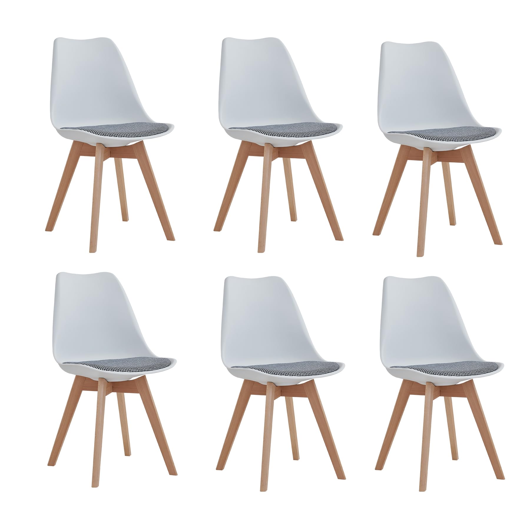 DEYARNA HOME Set di 6 Sedie da Pranzo Moderne con Cuscino in Tessuto Imbottito, Sedie da Cucina Scandinave con Gambe in Legno di Faggio (Bianco)