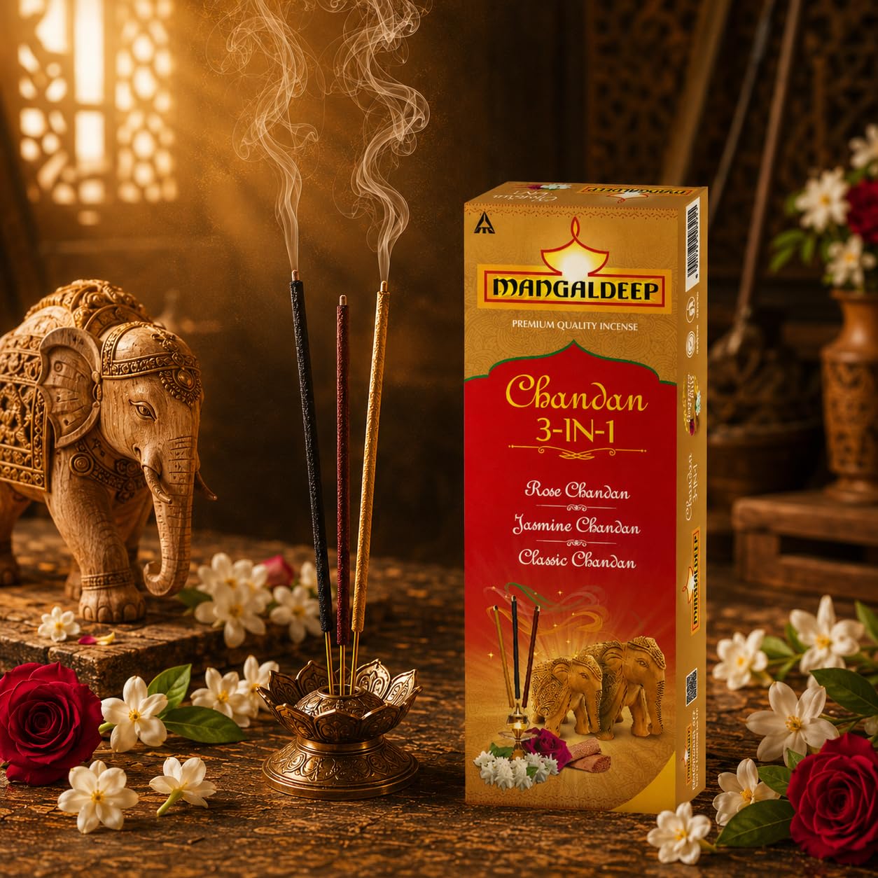 Mangaldeep 3in1 Agarbatti - Soothing Fragrances of Classic Chandan, Rose & Jasmine (226g)