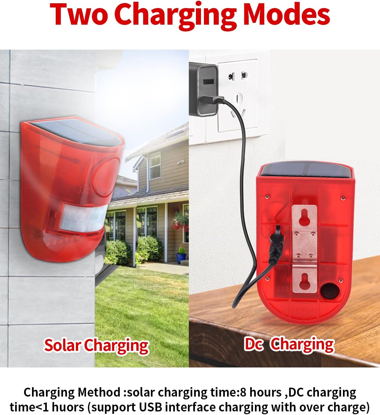 Image showing both solar and DC USB charging methods for the ChunHee Solar Alarm