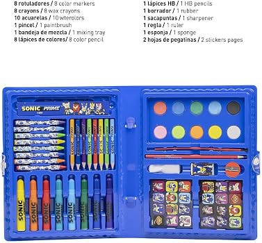 Set De Papelería Coloreable Sonic Prime - Incluye Maletín, Acuarelas, Rotuladores, Lápices Y Más | Diseño Español | Para Niños