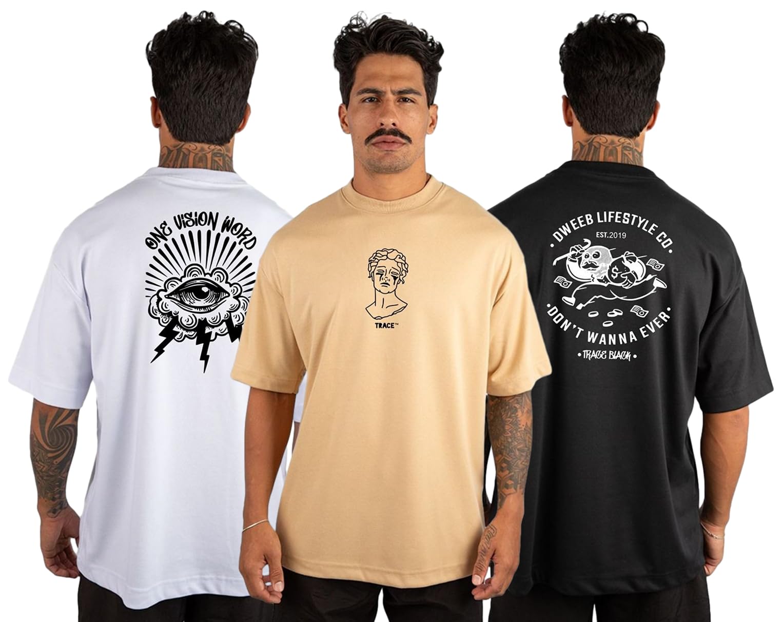Kit 3 Camiseta Oversized Masculina Streetwear Trace Black Academia Algodão Premium REF 03
