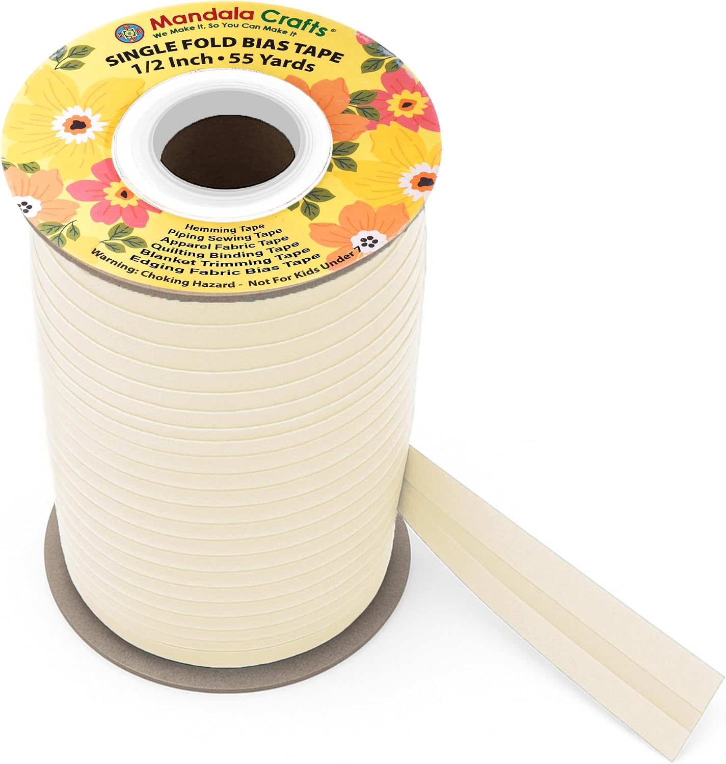 Mandala Crafts 1/2 Inch Single Fold Bias Tape for Sewing, Quilting, Piping, Hemming, Blanket & Quilt Binding – 55 Yards Cream Fabric Seam Binding Tape