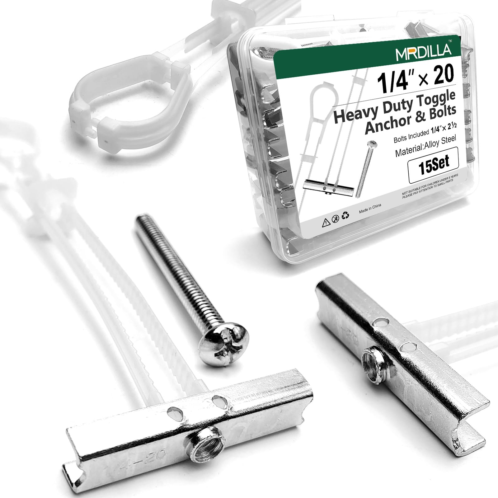 15 szt. śrub dźwigniowych 0,6 cm-20 do płyt kartonowo-gipsowych, kotwy z metalowym paskiem | Obciążenie do 117 kg, konstrukcja przełącznika sprężynowego