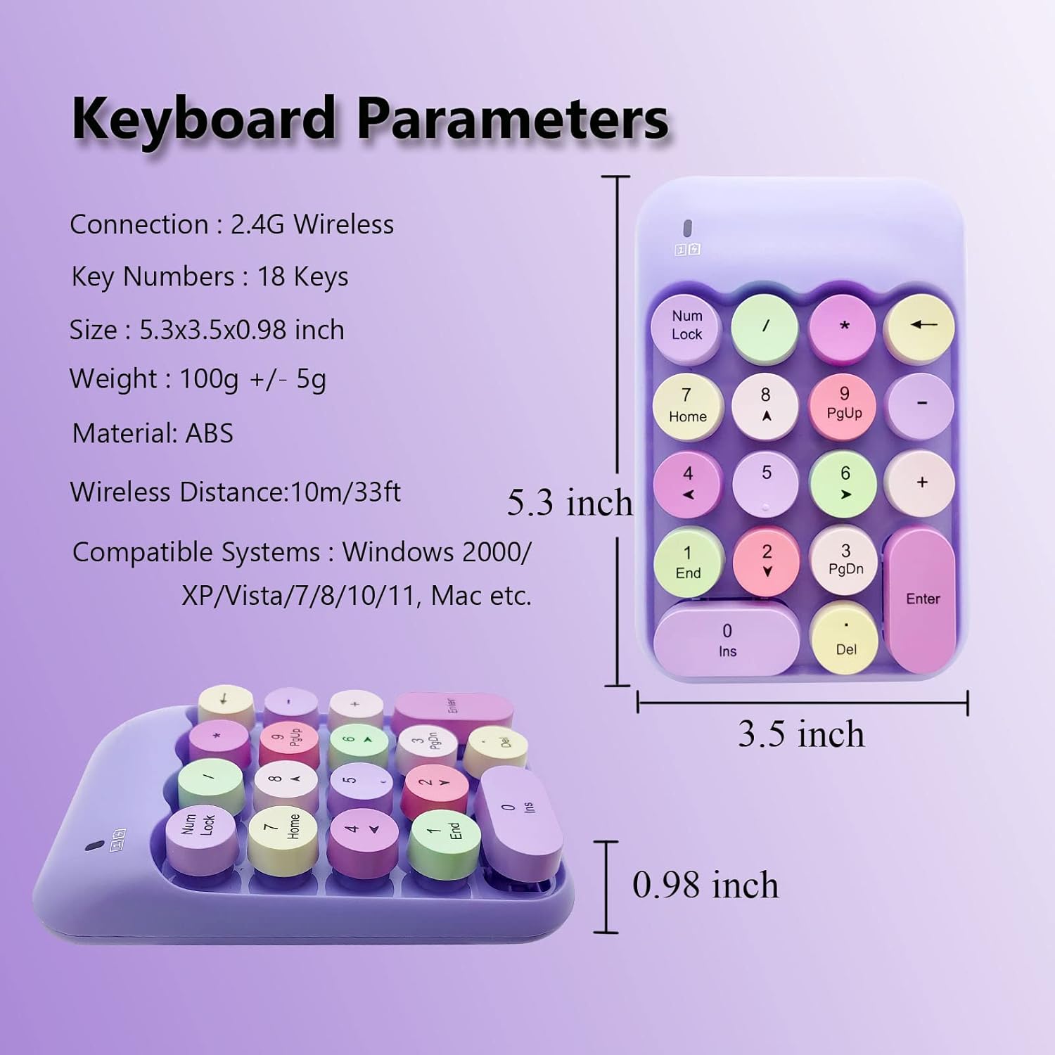 Wireless Number Pad, Ergonomic Cute Colorful Retro Mini Portable Numeric Keypad, 2.4G Cordless External Keyboard for Computer, Laptop (Purple)
