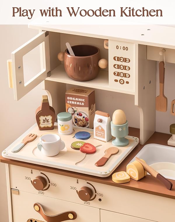 ROBOTIME Play Food Sets for Kids, Wooden Food Toys Play Kitchen Accessories, 30+ Pieces Breakfast Set, Montessori Pretend Play Kitchen Toys, Gift for Boys & Girls Ages 3-6 by ROBOTIME - Image 8