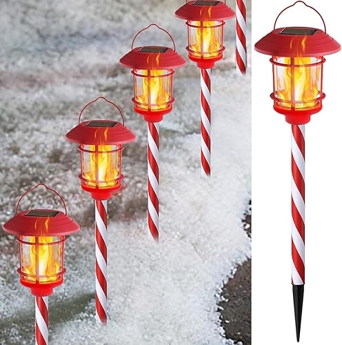 Dynaming Paquete de 6 luces solares de Navidad para exteriores, antorcha de llama parpadeante, marcador de bastón de caramelo, luces decorativas de