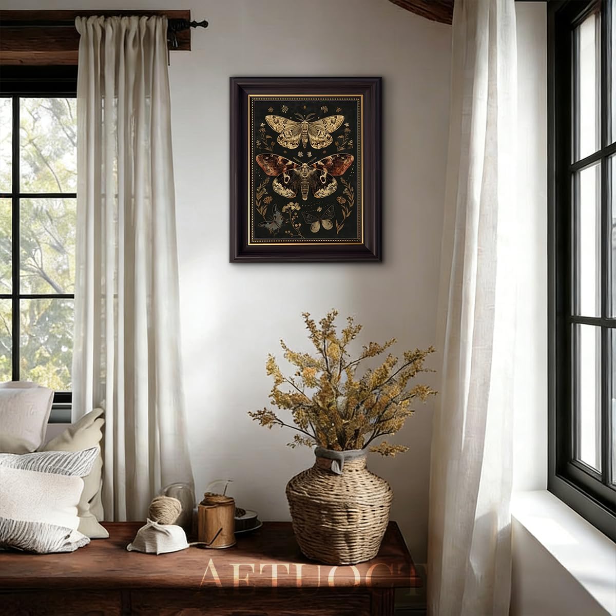 Framed Gothic Moth Canvas Wall Art, Vintage Dark Butterfly and Moth Painting Artwork, Witchy Moody Insect Prints Room Decor for Bedroom Living Room Kitchen, 12x16 Inches