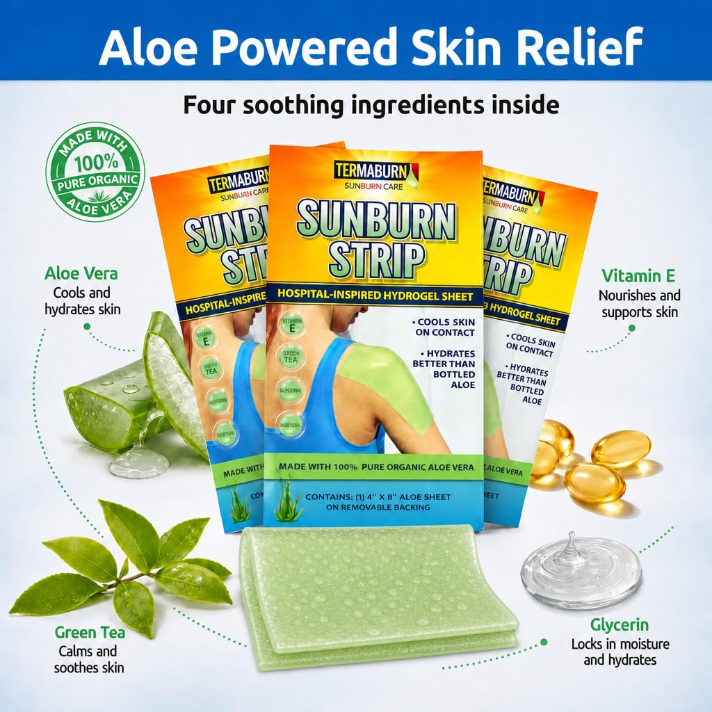 TermaBurn SunBurn Strip 3-Pack — Travel-Size Sunburn Relief Patches of Wearable Aloe Hydrogel | Cools on Contact, Soothes Without Sticky Mess | 100% Organic Aloe Vera (3 Sheets, 4 x 8 in each)