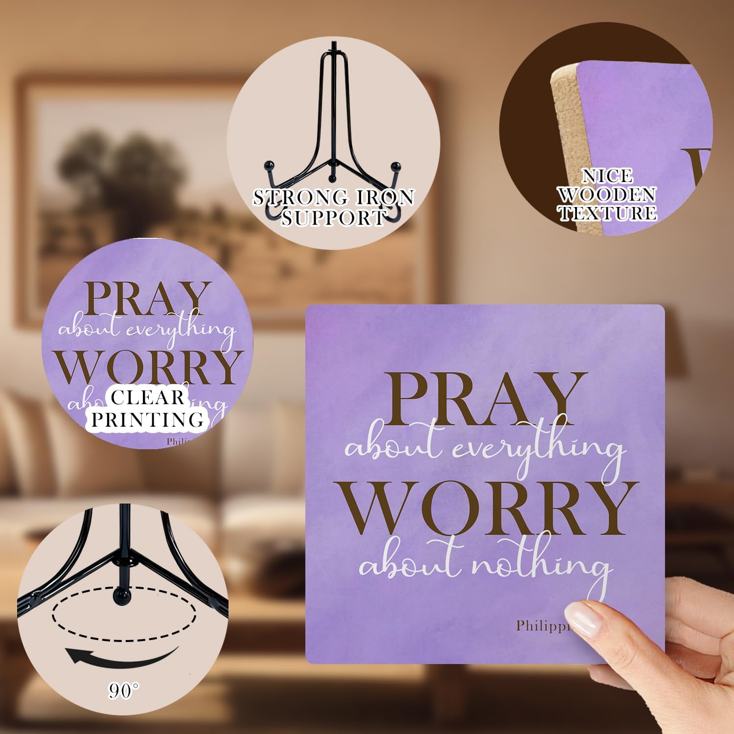 Christian Wooden Desk Sign, Pray About Everything Worry About Nothing Bible Verse Religious Purple Wood Plaque With Stand for Home Office Desk Tabletop Shelf Decor image 3