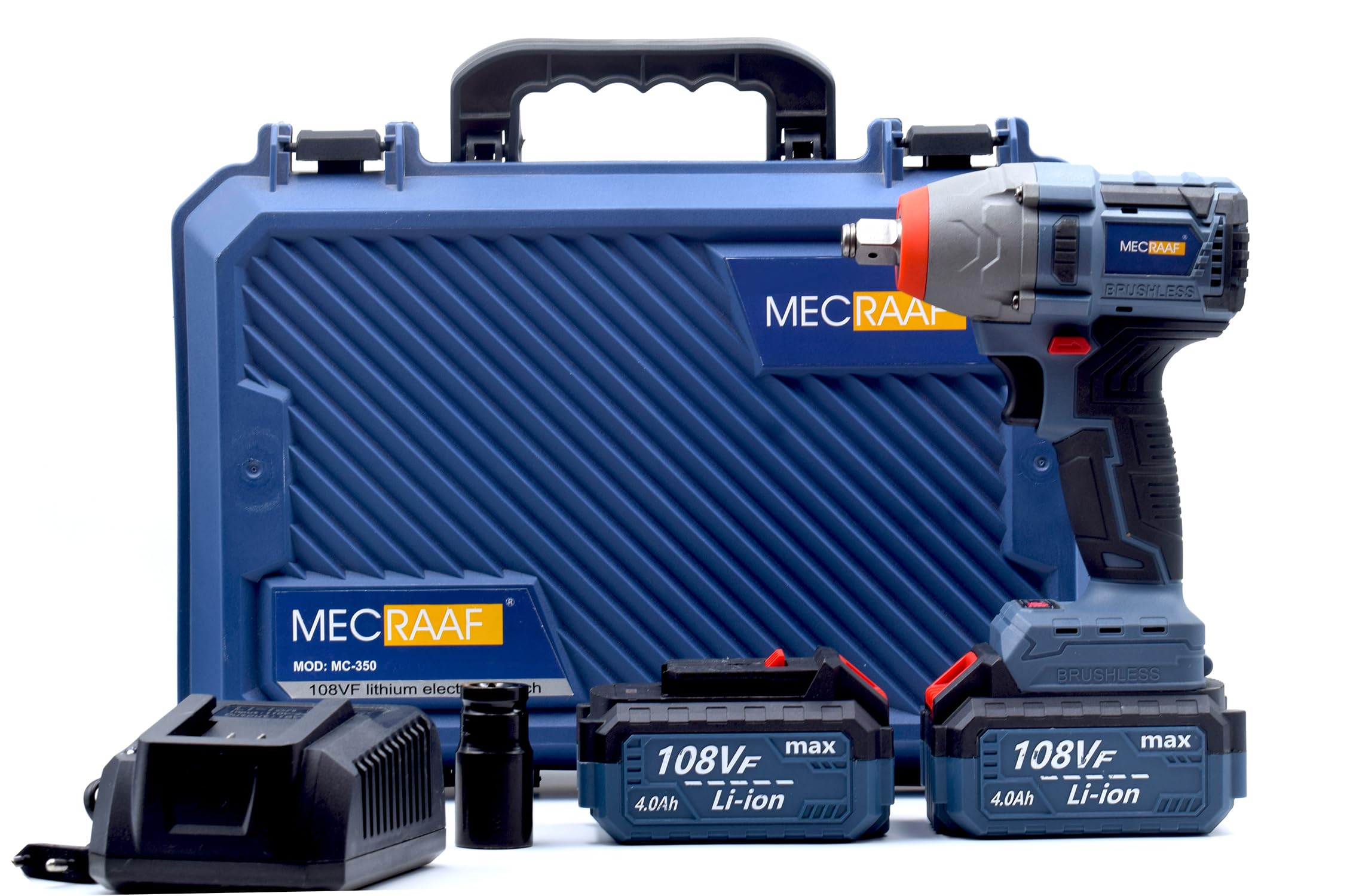 MECRAAF® Brushless Cordless 1/2 Inch High Power Impact Wrench Driver for car Tires Assembly and Manufacturing Trades | Max Torque 380Nm | 4300 RPM | 2 x 4.0Ah Li-Ion Battery & 1 Fast Charger