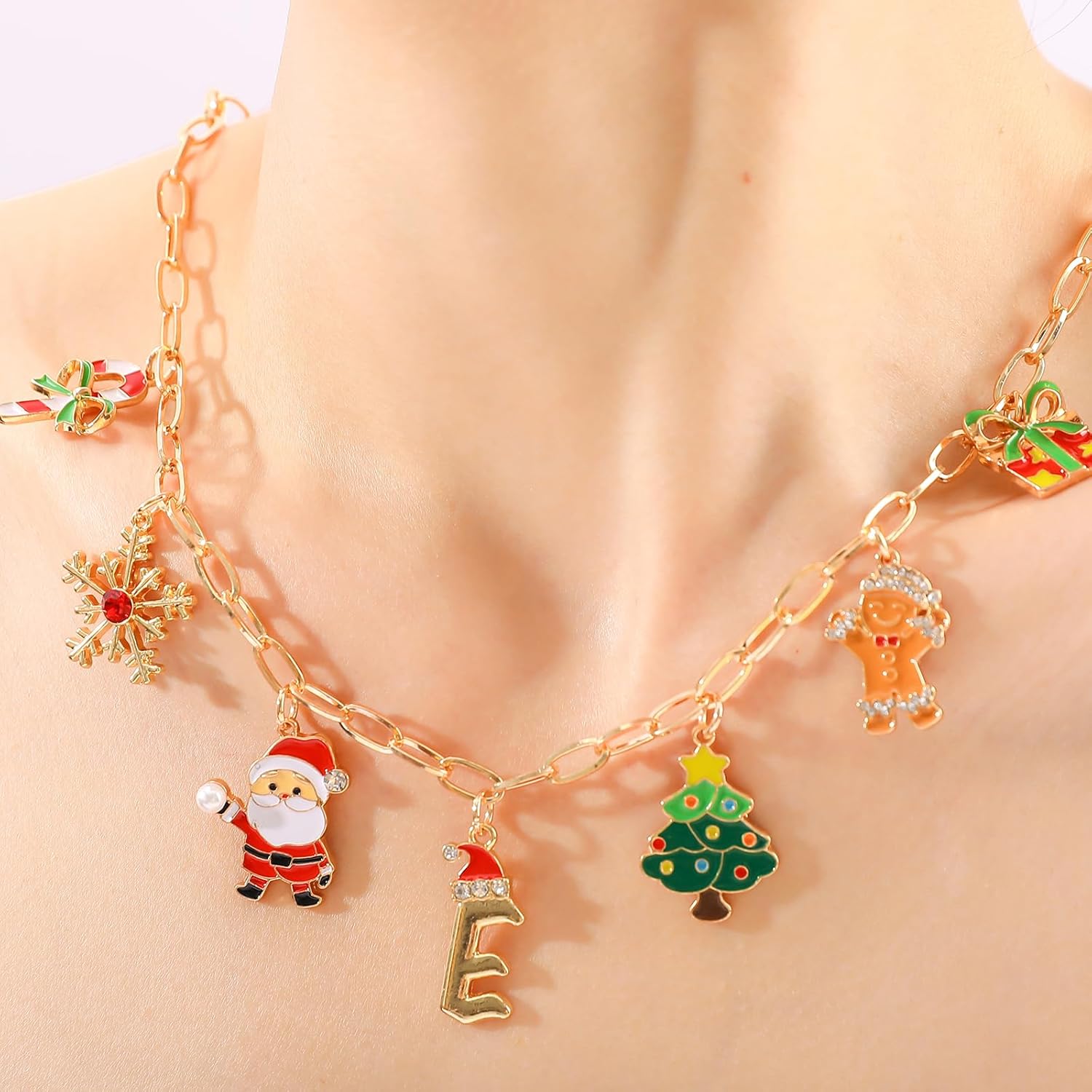 NEKOL Christmas Initial Letter-E Charm Necklace for Women, Candy Canes Snowflakes Santa Claus Christmas Tree Gingerbread Man Gift Box Colorful Holiday Charms Necklace for Personalized Christmas Gifts - Image 2