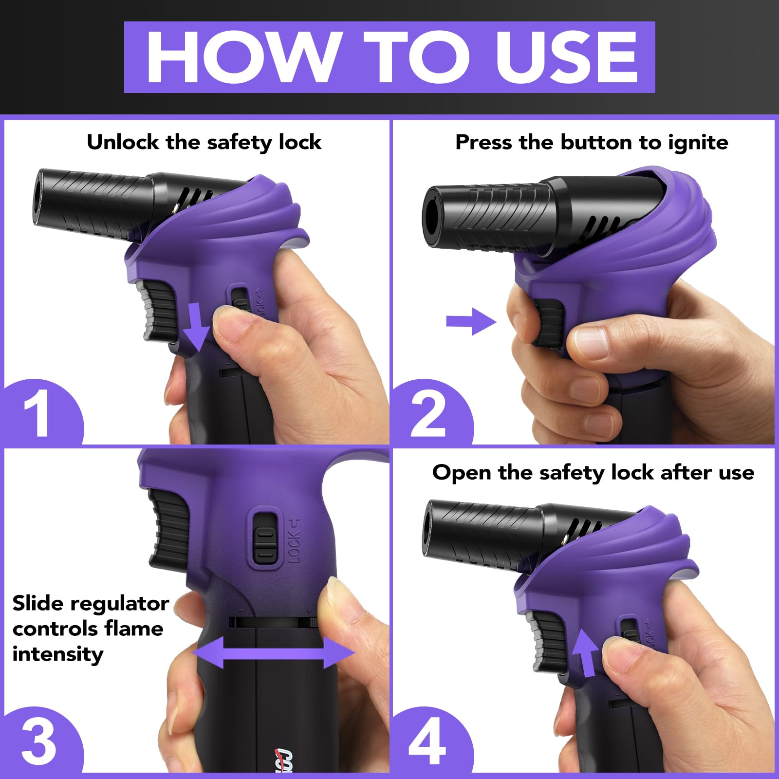 Encendedor de butano, ángulo giratorio de 0 a 90°, encendedor de butano, linterna de cocina recargable con bloqueo de seguridad (morado y negro)