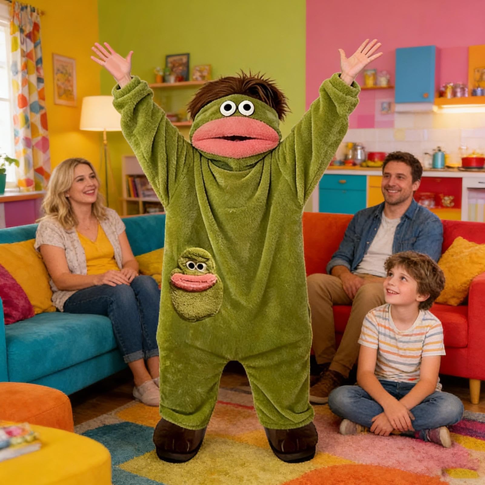 Generisch Divertente costume intero per adulti – Verde morbido grande bocca | Tuta in pile oversize morbida e morbida – per uomo e donna, casa, soggiorno, bagno,
