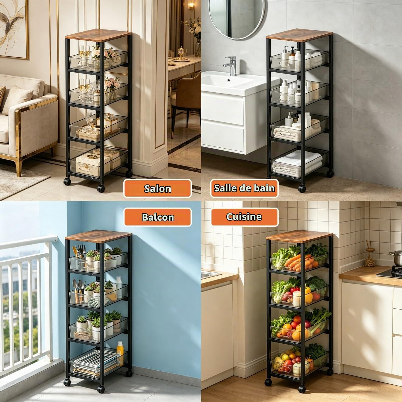 Organiseur de rangement en métal à 5 niveaux avec roulettes et dessus en bois, 4 tiroirs coulissants en verre acrylique, chariot utilitaire mobile pour cuisine, salle de bain, salon, bureau
