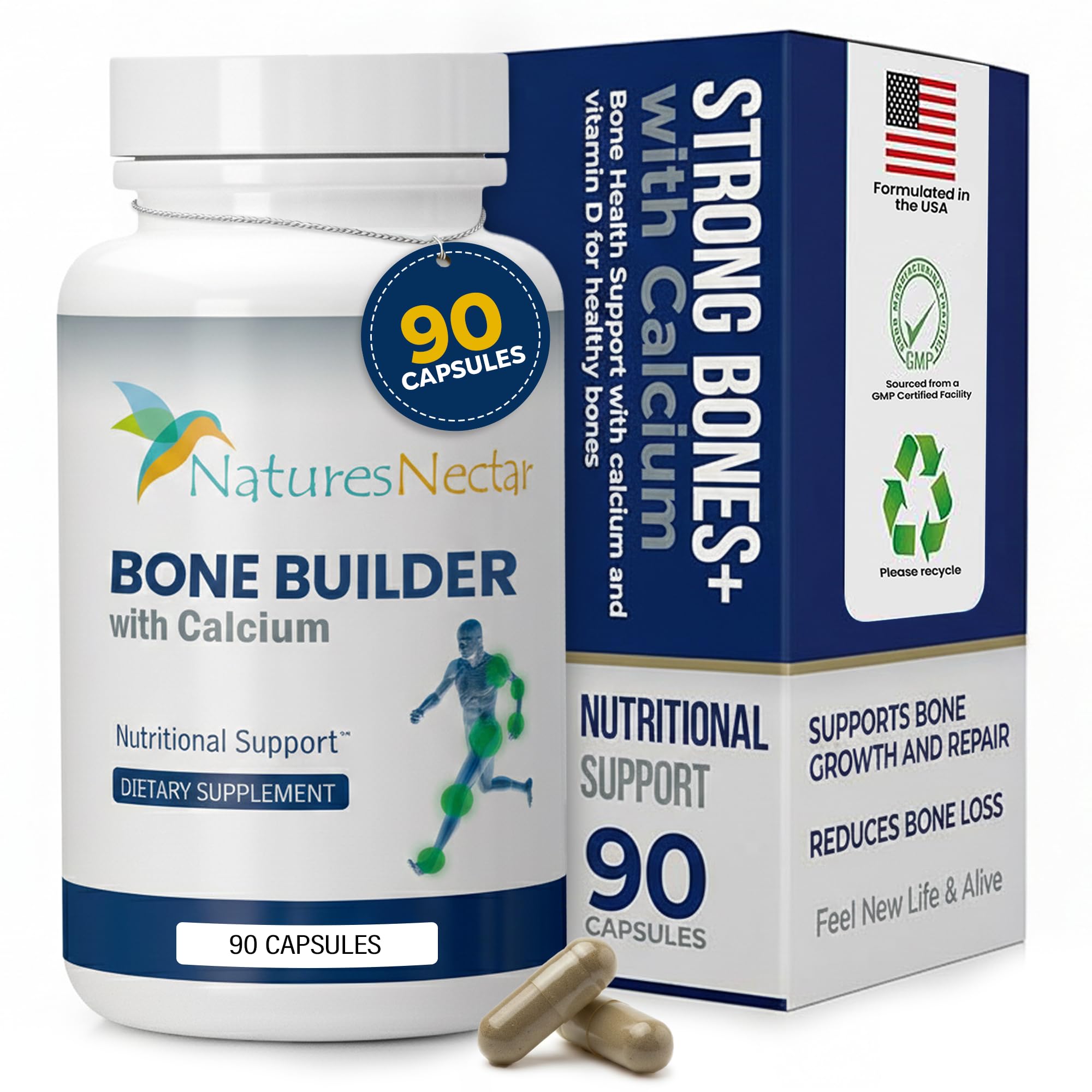 Nature's Nectar Bone & Joint Supplements for Men & Women – Supports Bone Health, Strength & Growth with Calcium, Vitamin D, Magnesium & Strontium – Bone Builder Formula for Maximum Absorption –90 Caps