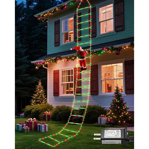 338 LED Christmas Lights Outdoor Indoor Decorations 10FT Christmas Decorative Ladder Lights with Santa Claus 8 Modes Waterproof Christmas Tree Lights for Yard Roof Wall Halloween Decor, Red&Green