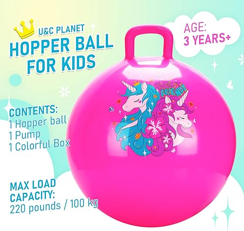 Miniatura 10 de U&C Planet Hoppity Hop - Bola de salto de 20 pulgadas con mango para niños de 5 a 9 años, pelota de salto para sentarse y rebotar con bomba