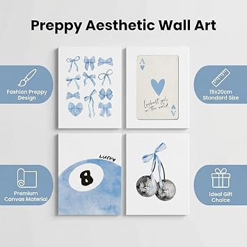 4Pcs Preppy Pink Wall Art Prints 15x20cm Aesthetic Room Photos Decor Posters with Bow Cherry Disco Ball Unframed Canvas Pictures Cute Coquette Gift Set for Teen Girls Bedroom Dorm Living Room (Blue D)