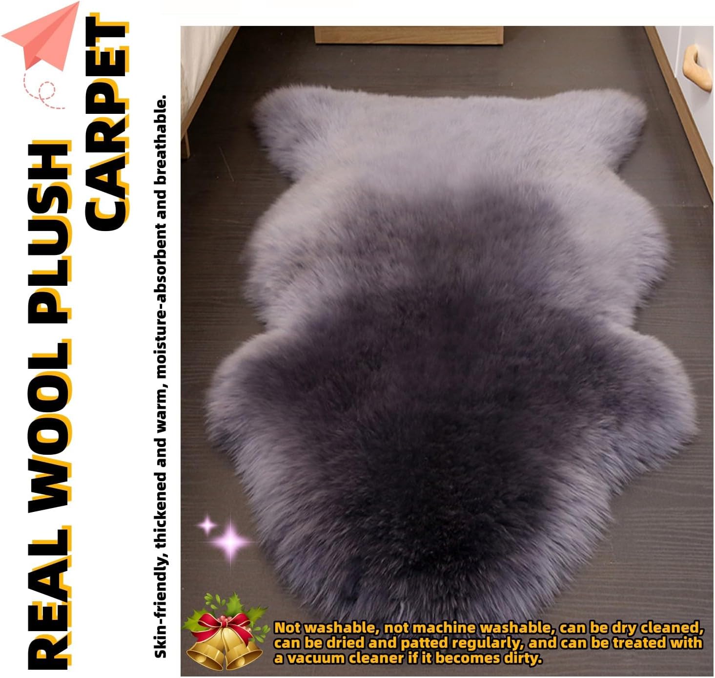 Genuine Sheepskin Area Rug Fluffy Shaggy Wool Rugs Fur Carpet - Soft Luxury New Zealand Natural Sheepskin Floor Mat for Bedroom Living Room Seat Chair Cover Sofa(Gray Blue,60 * 90cm)