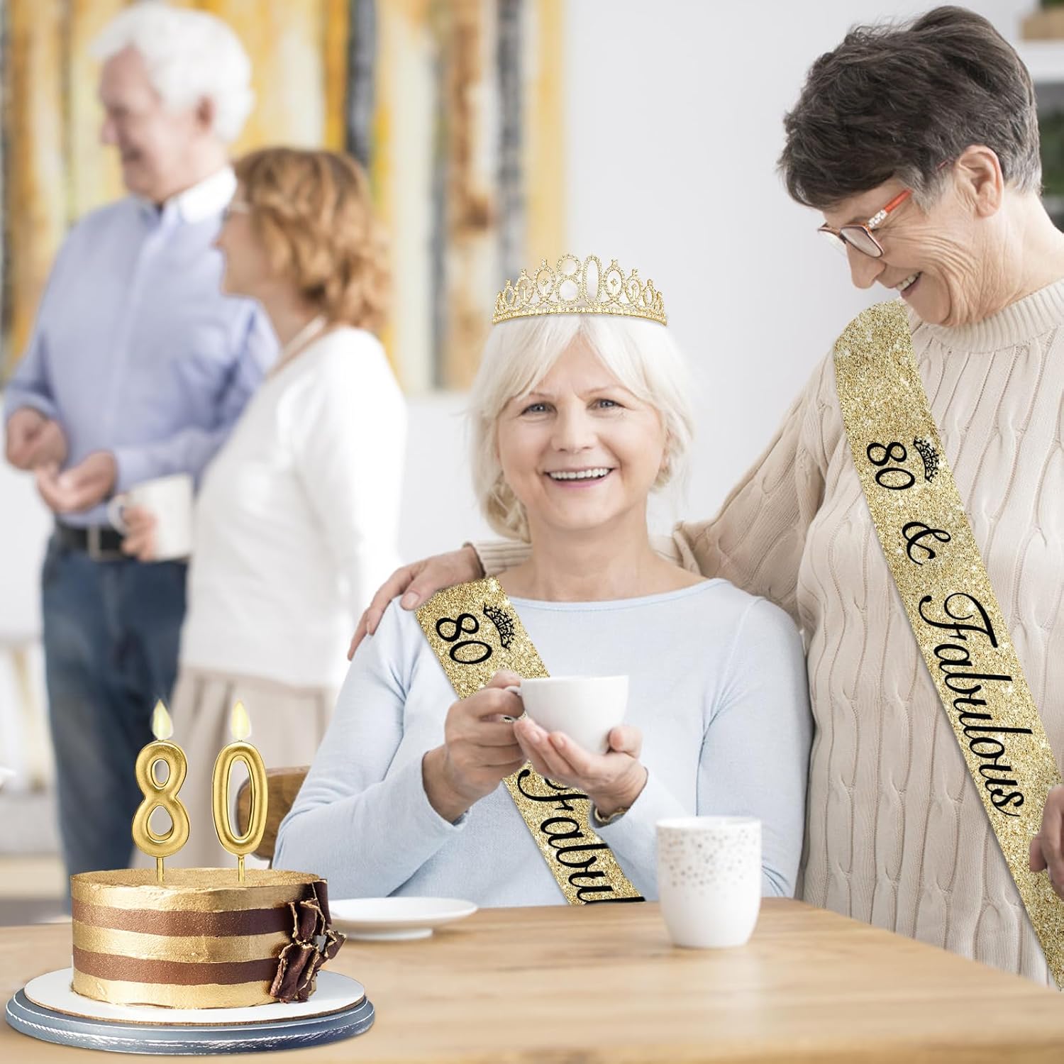 80th Birthday Decorations for Women Gold with Sash and Tiara, Gold Number Candles, 80th Birthday Gifts for Women - Image 5