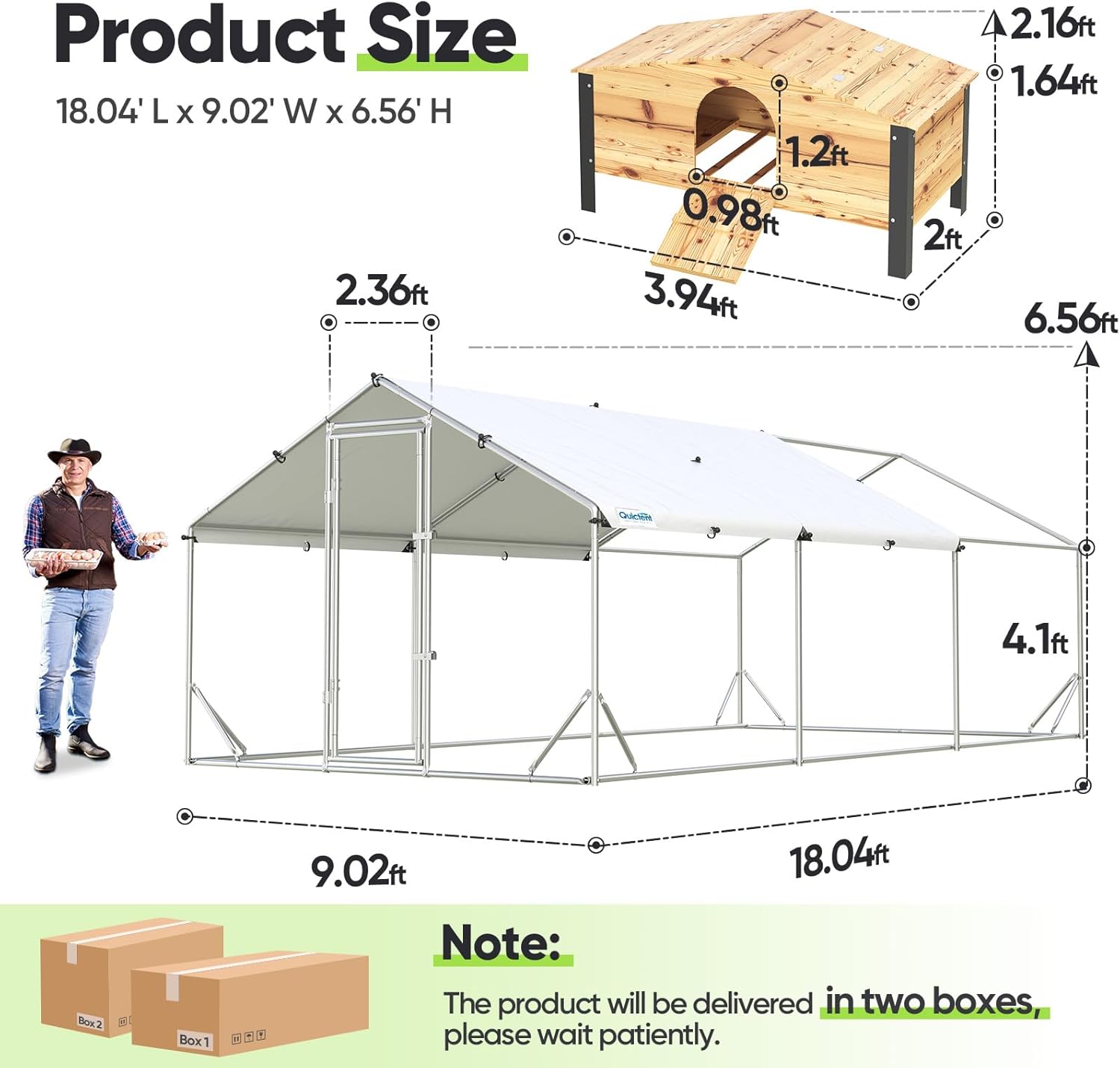 Quictent Advanced Series 18x9 ft Metal Chicken Coop Run with Wooden Nesting Box, Large Walk-in Outdoor Poultry Cage Heavy Duty Predator Proof Hen Duck Rabbit Farm Pen House, Waterproof Anti-UV Cover