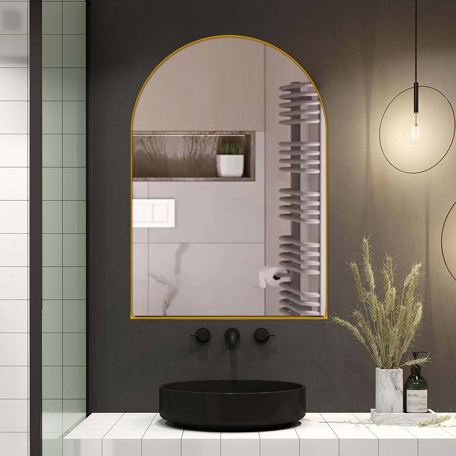 Metal Framed Wall Mirror Medicine Cabinet with Storage for Wall Mounted and 2 Adjustable Shelf Modern Bathroom Mirror for Over Sink Hallway (Golden, 24x36 Inch)