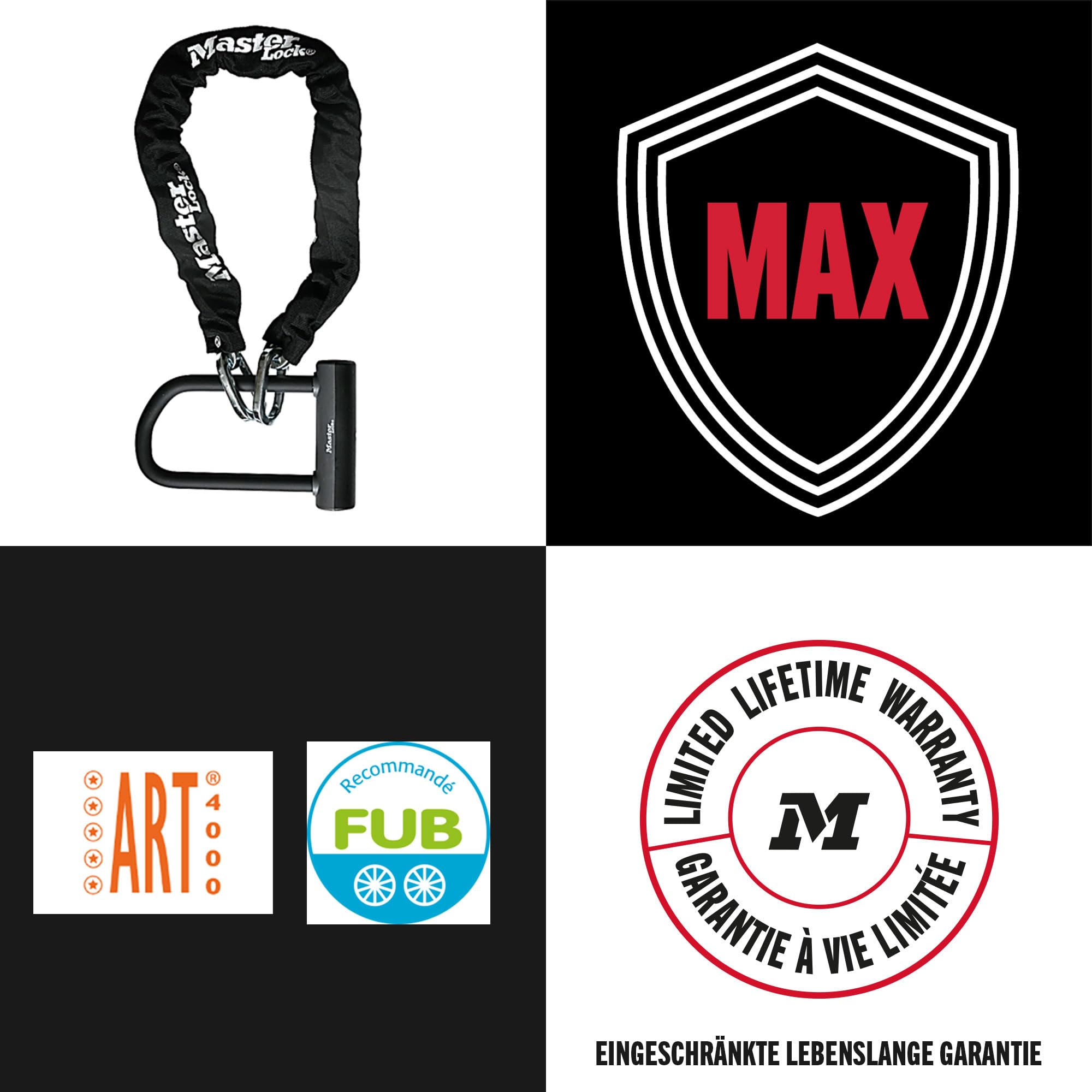 Master Lock 8376EURDPRO Antivol à chaîne pour vélo certifié haute résistance avec mini antivol en U à clé, homologué par la police, 220 x 75 mm, noir