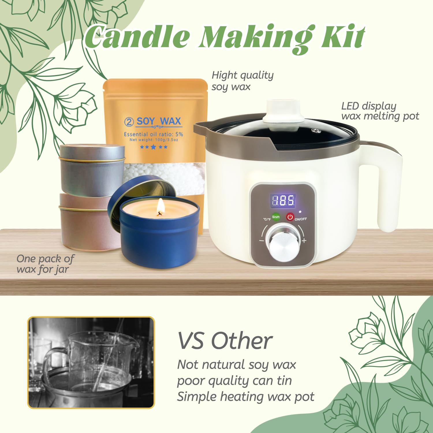 LINGQIAN Kit para hacer velas (hazlo tú mismo), cera de soja, crisol eléctrico con pico, 12 latas para velas, 12 aceites aromáticos