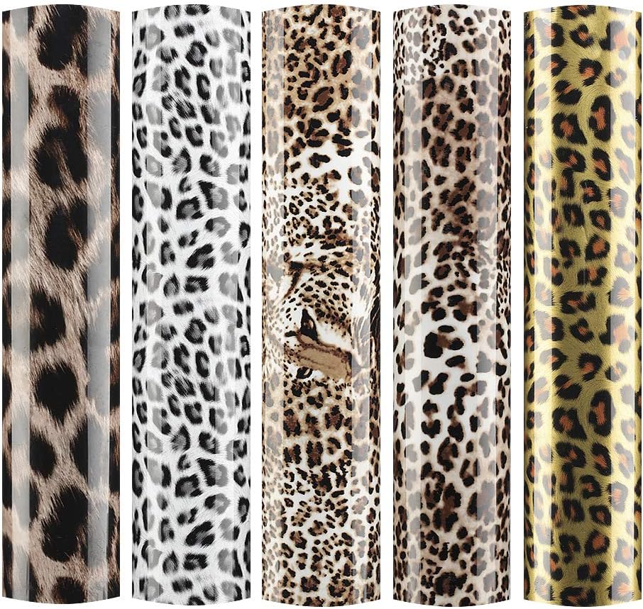 Sov 5pcs/Set 12" x 9.8" Leopard Patterned Metallic Iron- on Heat Transfer Vinyl Foil HTV Craft Film Leopard Bundle Garment Clothing for T-Shirt Decoration DIY Craft Material (Bundle B)