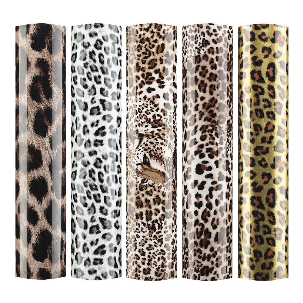 Sov 5pcs/Set 12" x 9.8" Leopard Patterned Metallic Iron- on Heat Transfer Vinyl Foil HTV Craft Film Leopard Bundle Garment Clothing for T-Shirt Decoration DIY Craft Material (Bundle B)