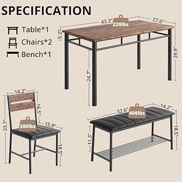 IRONCK Dining Table Set for 4, Kitchen Table with Upholstered Bench and 2 Chairs, Kitchen Table and Chairs Set for Small Space, Apartment, Rustic Brown