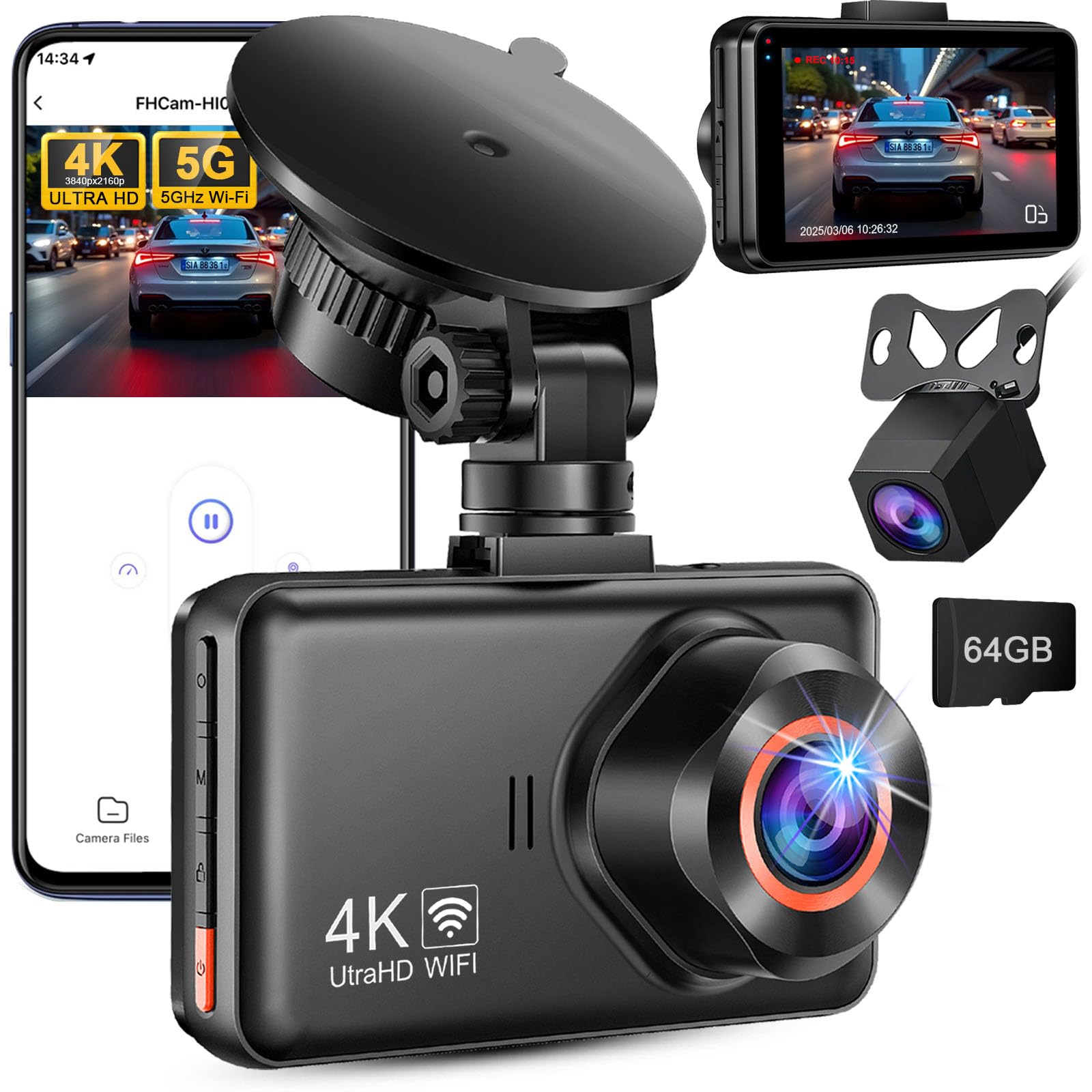 Dashcam Voiture Avant Arriere: 4K+2K 5G WiFi Camera Voiture Embarquée - Écran HD 3" avec App Contrôle Carte SD 64G Vision Nocturne - Convient à Tous Les Véhicules Installation Facile