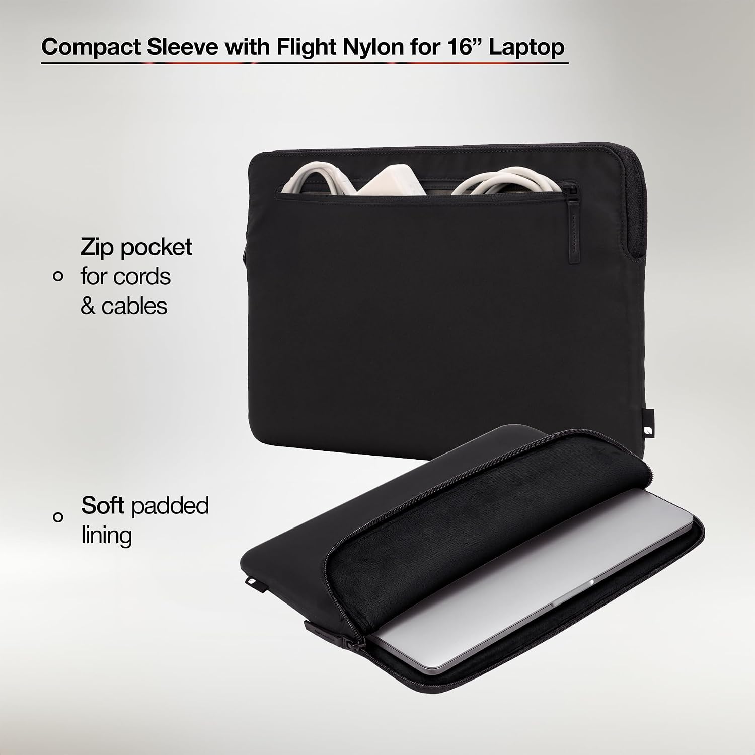 Incase Compact Laptop Sleeve with Flight Nylon - 16-inch MacBook/Laptop & iPad/Tablet Sleeve - Faux Fur Lining, Lightweight, Durable, Weather Resistant, Slip Pocket for Accessories (Black)