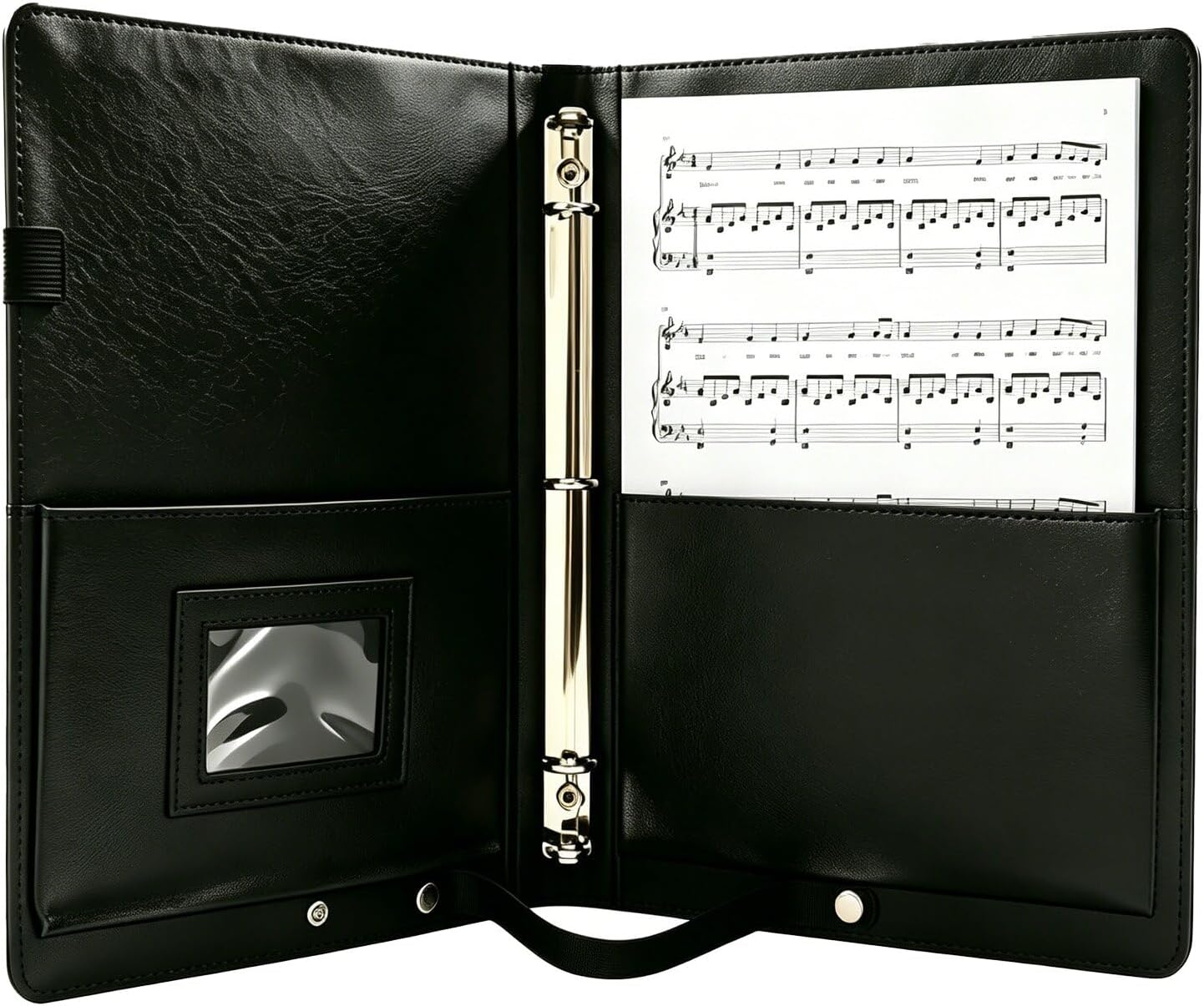 Premium Choral Music Folder Black PU Leather 3 Ring Sheet Music Binder with Reinforced Hand Strap 120°/180° Open Angle Large Capacity Document Choir Piano, Band & Conductors Study 1 Pack
